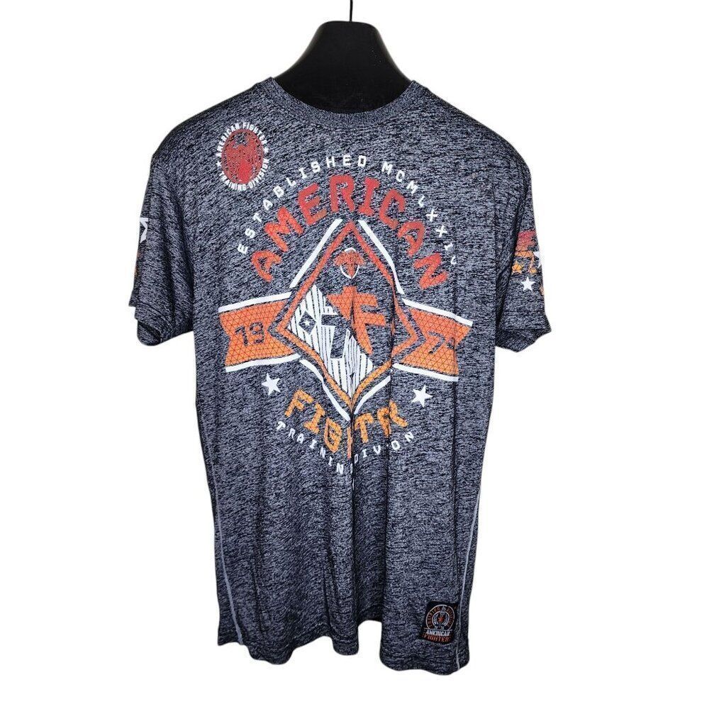 Y2K American Fighter Two Sided Tshirt Distressed Men Size XL Black Orange
